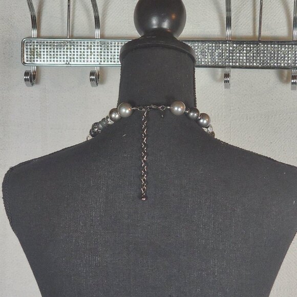 Chico's Gunmetal Filigree Crystal Ball Pewter Silver Faux Pearl 41" Necklace - Picture 9 of 16